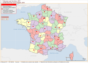 les juridictions des cours d'appel et la localisation des tribunaux correspondants